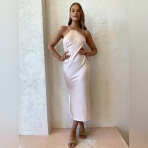 Significant Other Vienna High Neck Open Strap Back Satin Midi Dress Blush 10